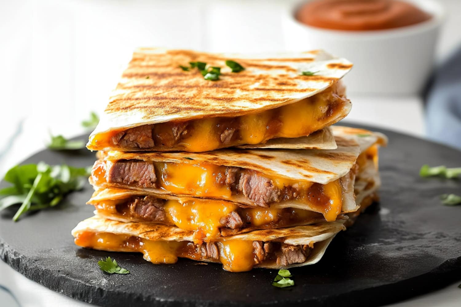 Savory and mouthwatering homemade steak quesadillas in a wooden board.