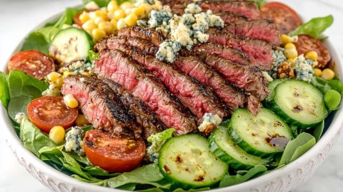 A delicious steak salad with vegetables, blue cheese, corn and dijon mustard dressing in a bowl.