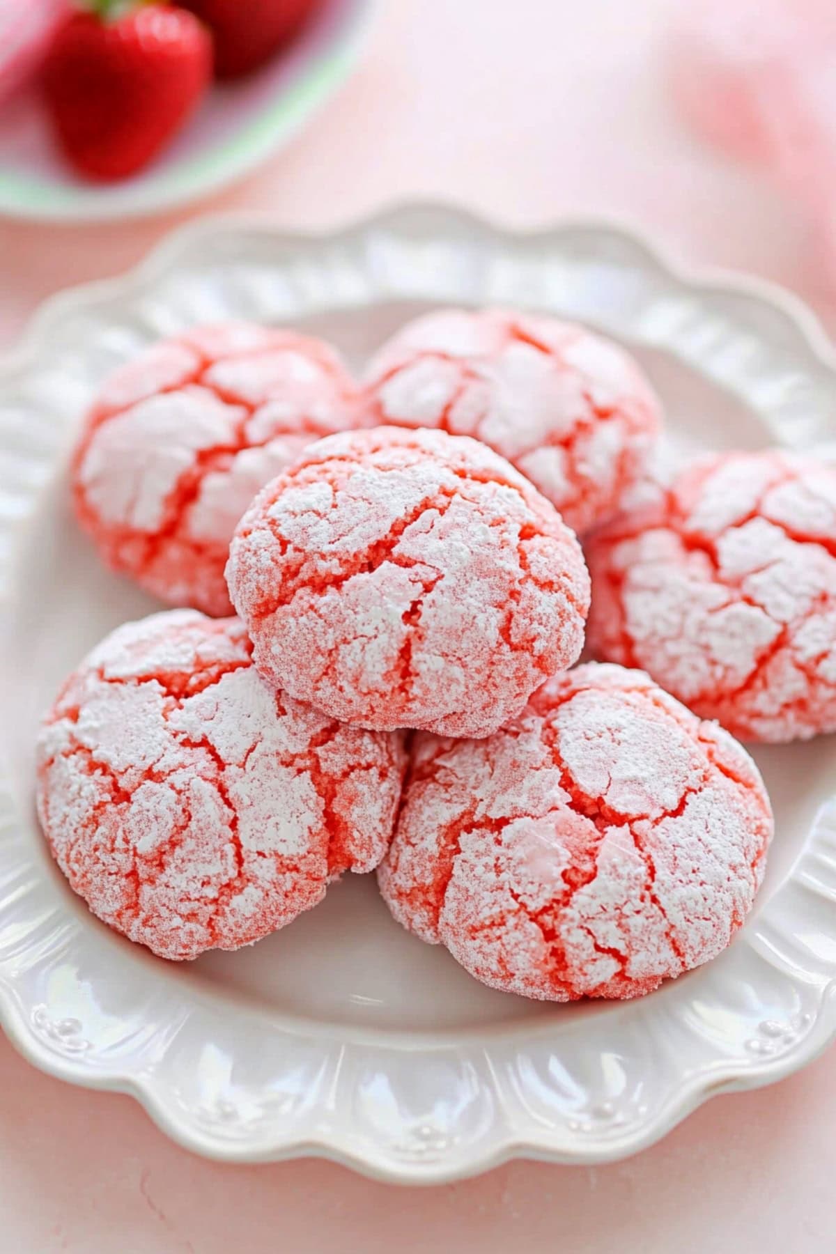 A plate of strawberry cookies with cracked surface and powdered sugar coating