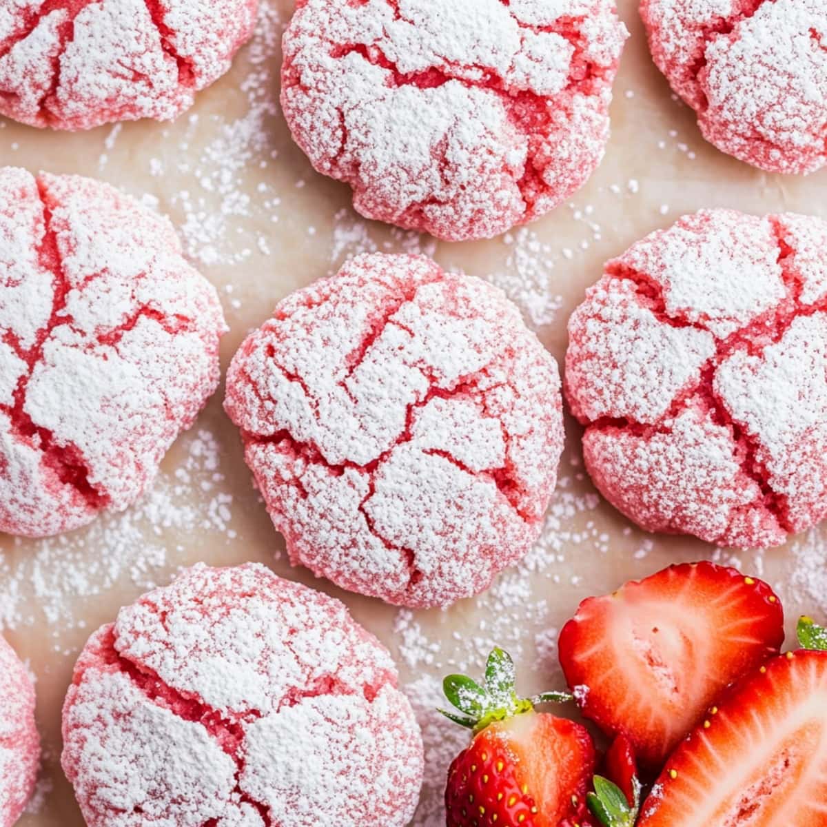 Strawberry crinkle cookies on parchment paper, top view