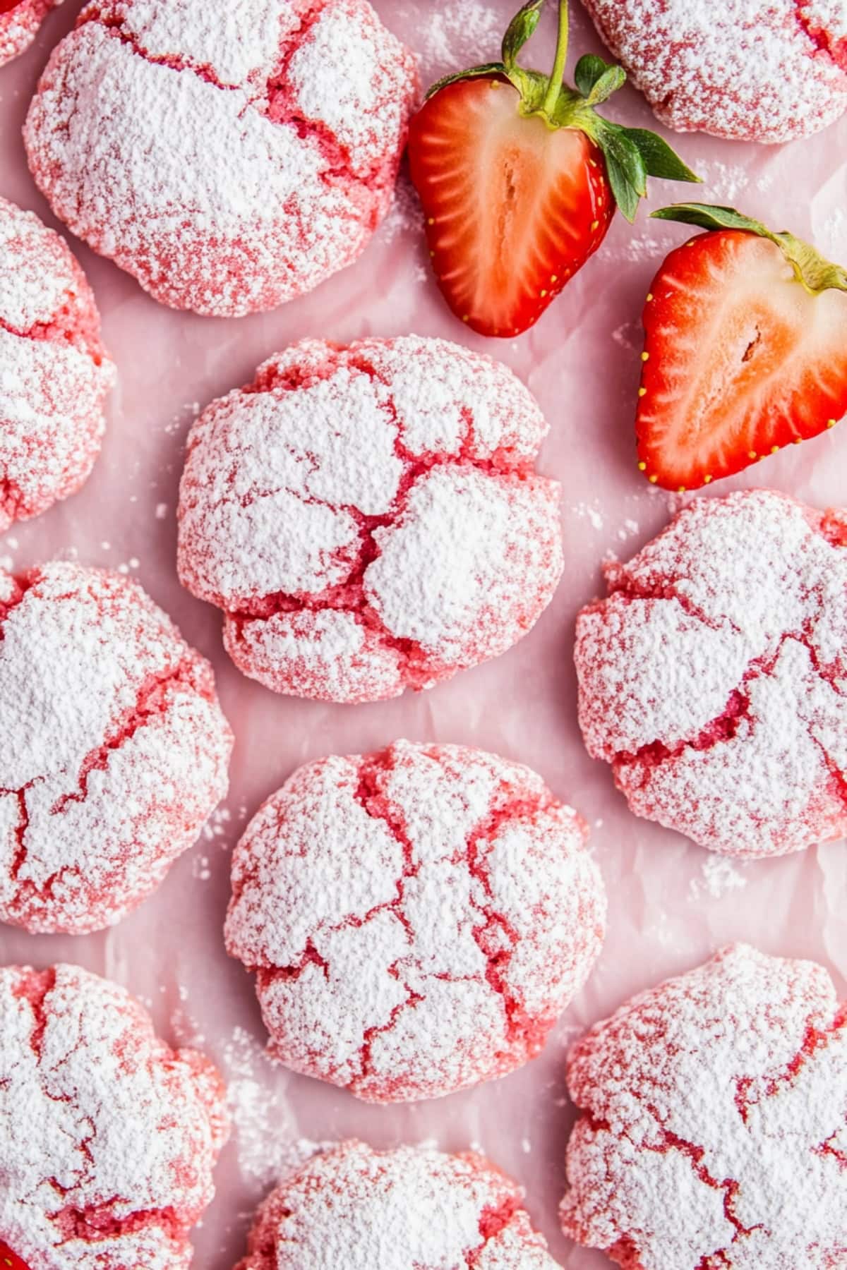 An overhead view of strawberry crinkle cookies on parchment paper