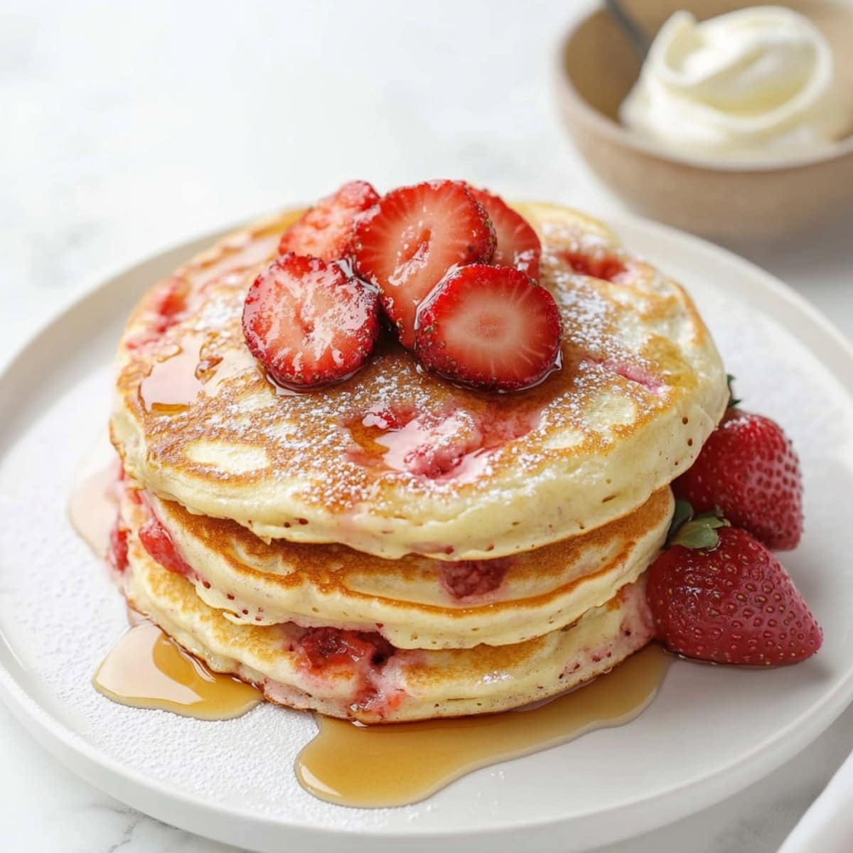 A close-up shot of strawberry pancakes with fresh fruits and powdered sugar on top.