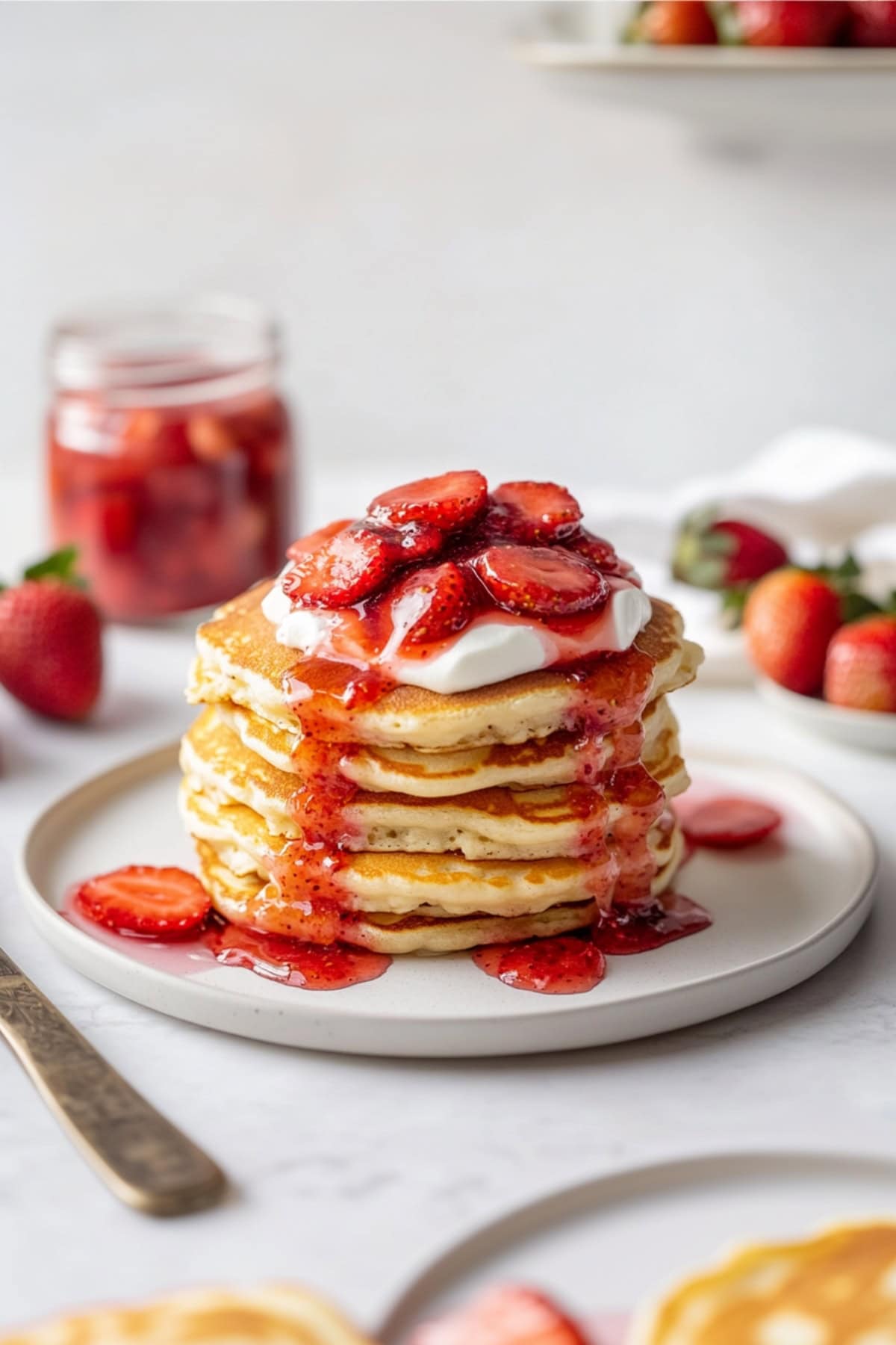 Fluffy homemade strawberry pancakes with sauce and whipped cream.