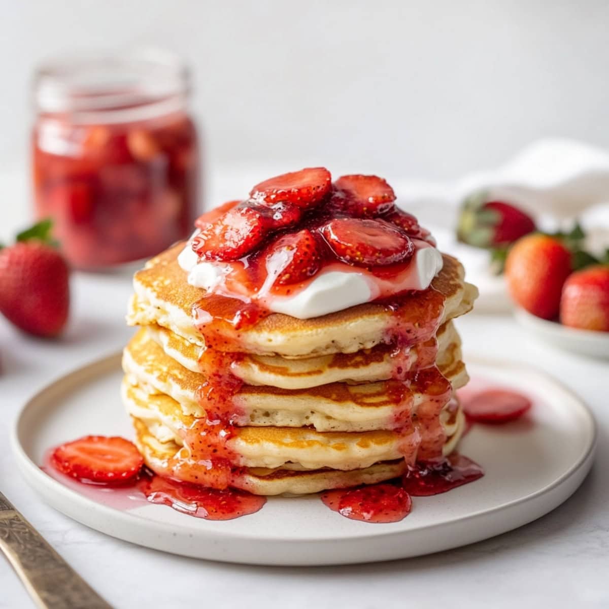 Soft pancakes served with strawberry sauce and fresh fruits on a plate.