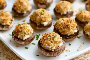 Cheese stuffed cremini mushrooms covered with breadcrumbs arranged in a white plate.