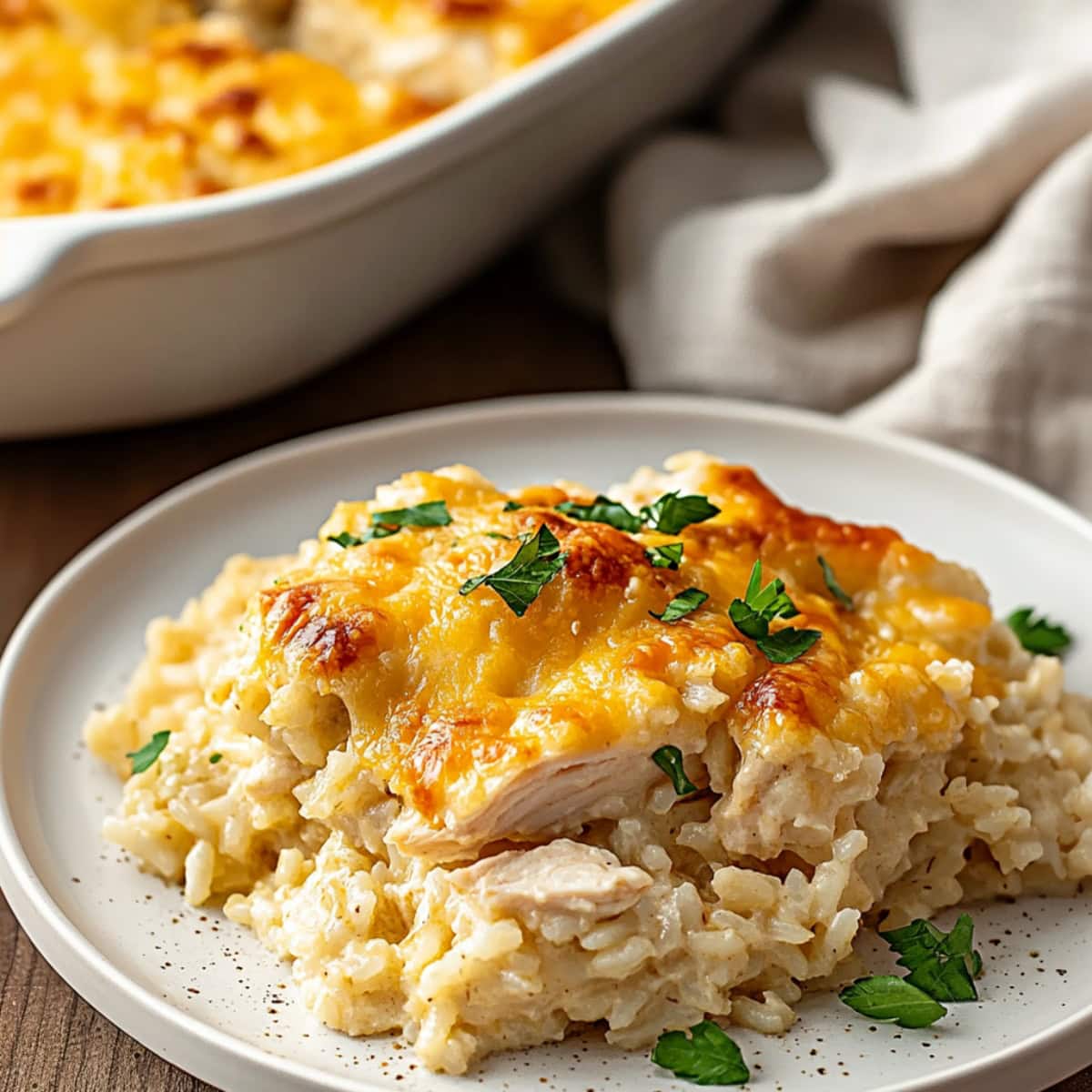 A Serving of Angel Chicken and Rice Casserole on a Plate