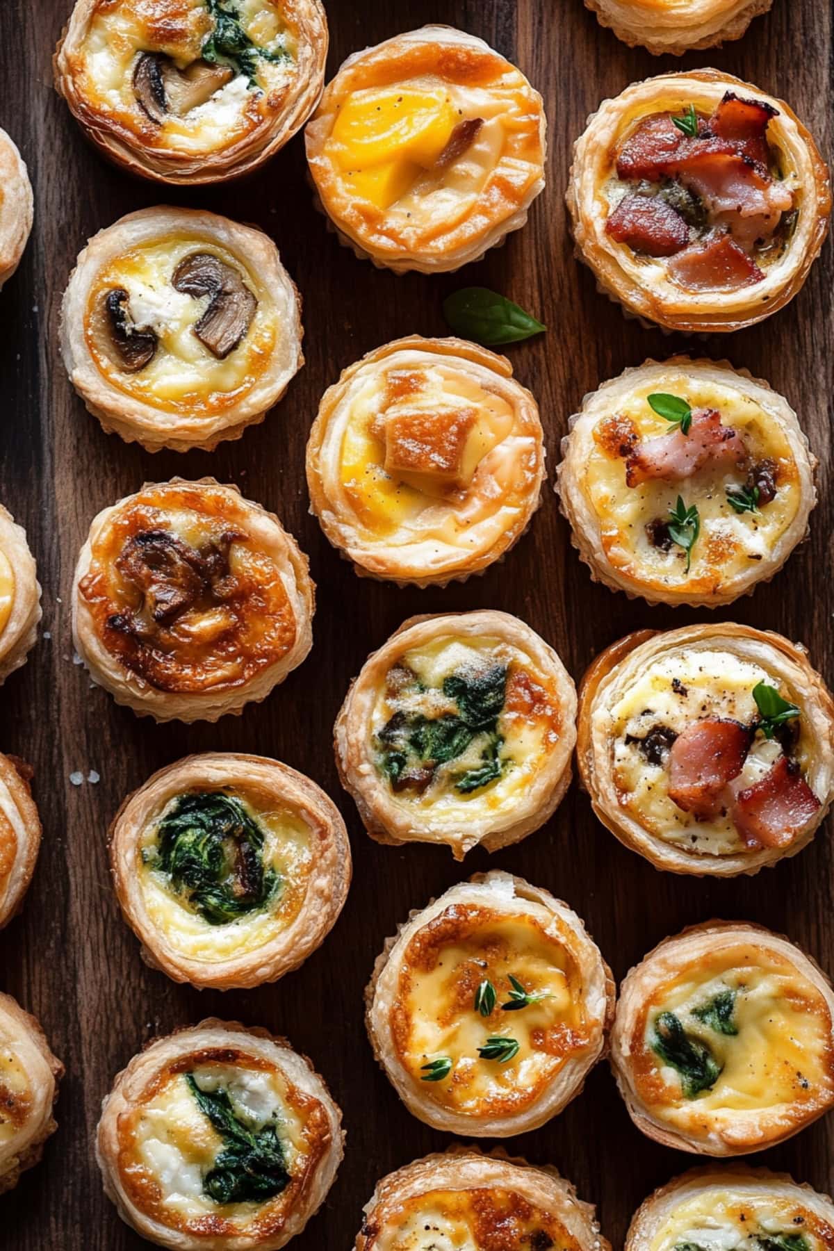 A Variety of Mini Quiches on a Cutting Board, top view