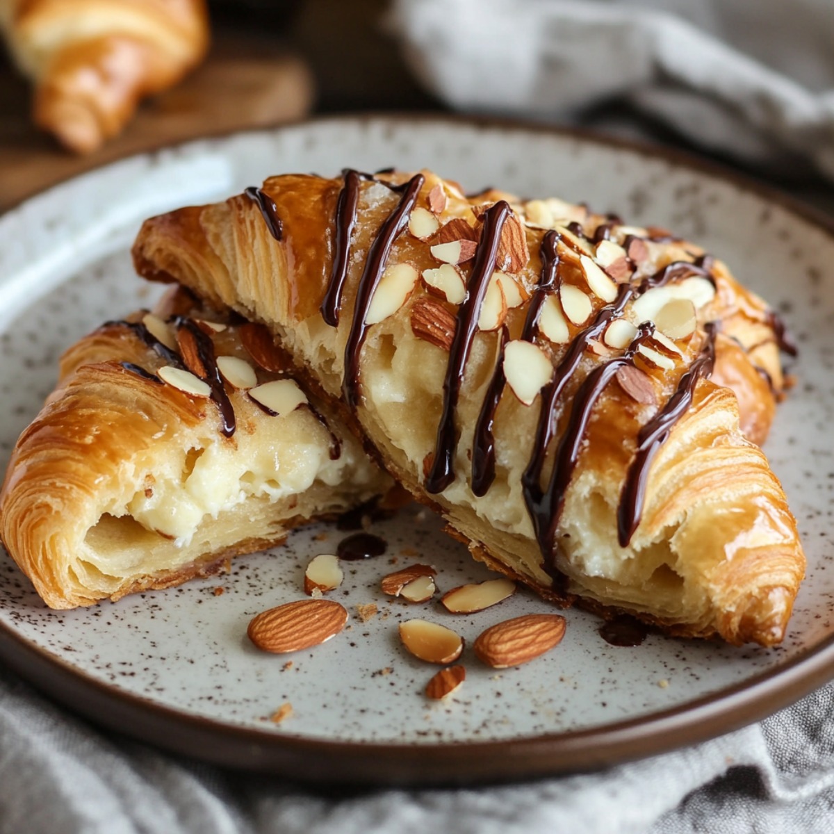 Almond Filled Croissant Cut in Half on a Plate