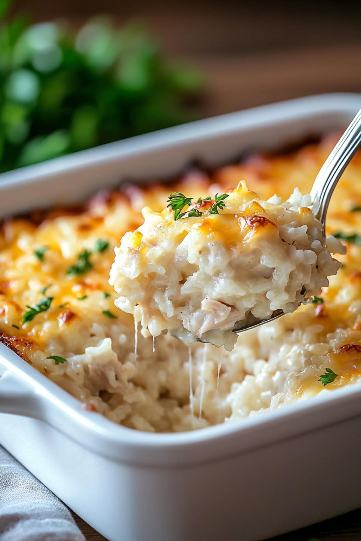 Angel Chicken and Rice Casserole Scooped on a Spoon