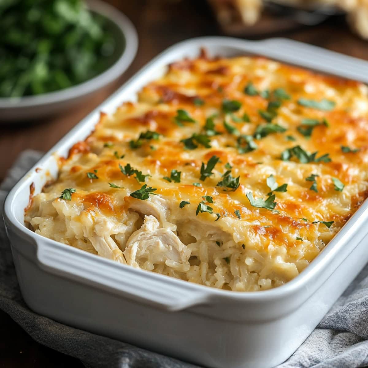 Angel Chicken and Rice Casserole in a White Baking Dish