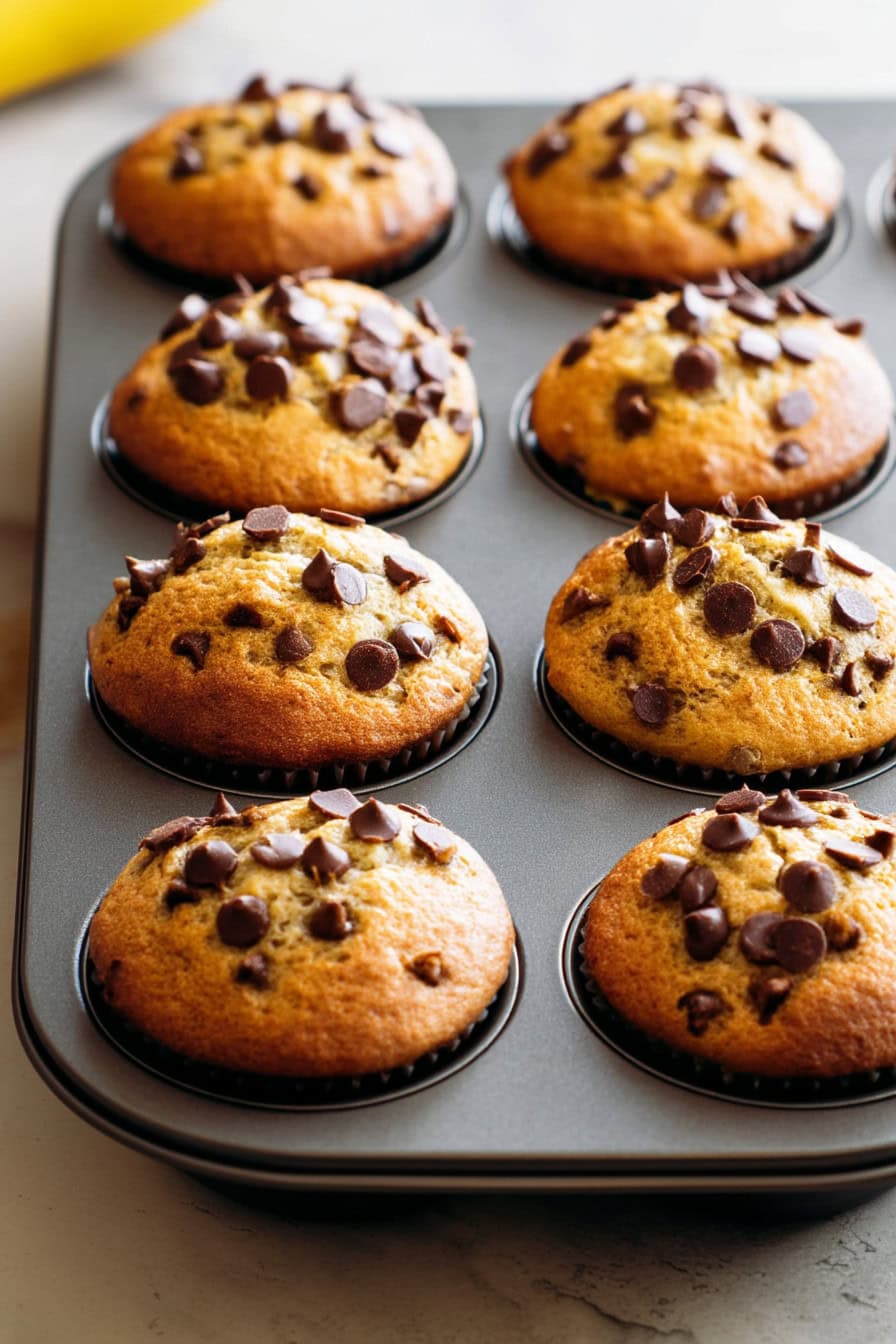 Freshly baked Banana Chocolate Chip Cupcakes in a muffin tin