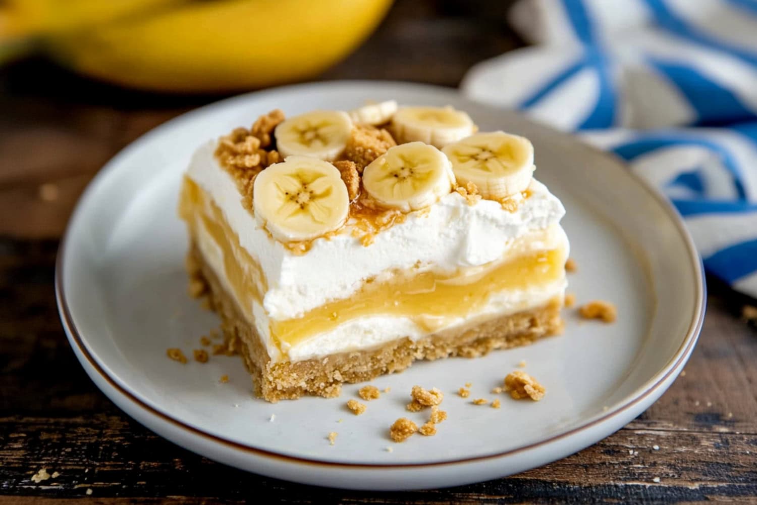 A close-up of a banana cream pie bar with a smooth and creamy filling topped with whipped cream and crushed wafers.