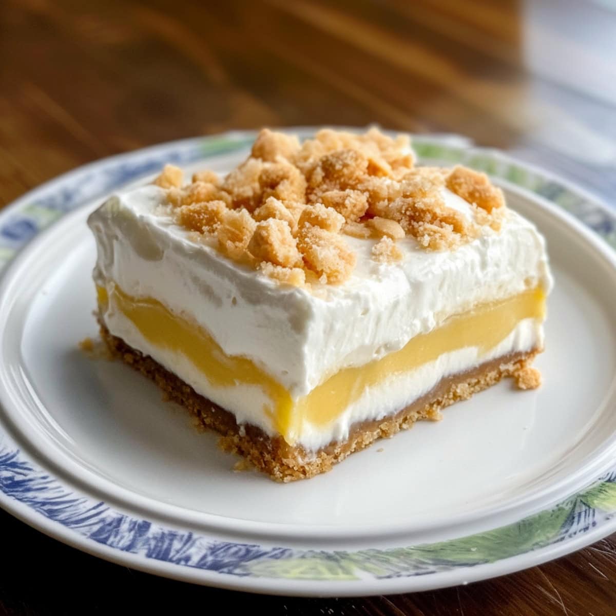 A serving of banana cream pie bar topped with crushed wafers.