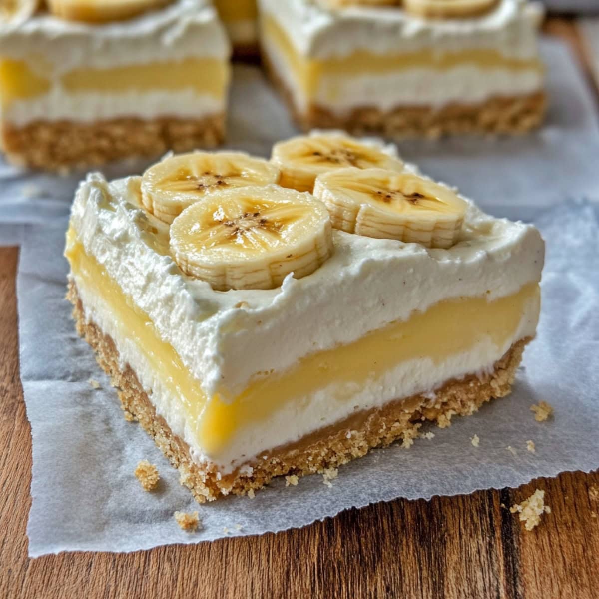 Homemade banana cream pie bars on parchment paper