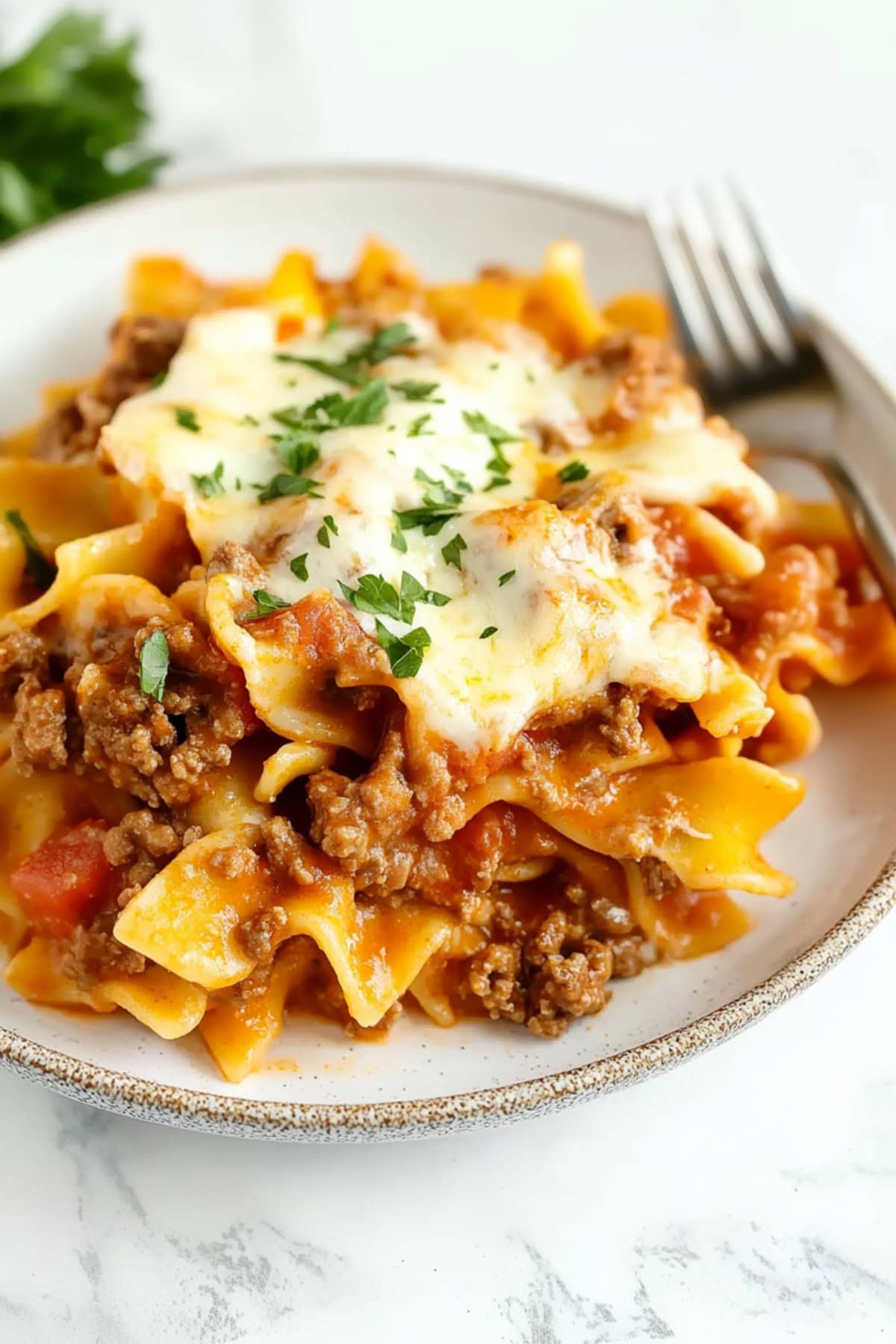 Beef lombardi featuring wide egg noodles and cheese, garnished with chopped parsley in a white plate.