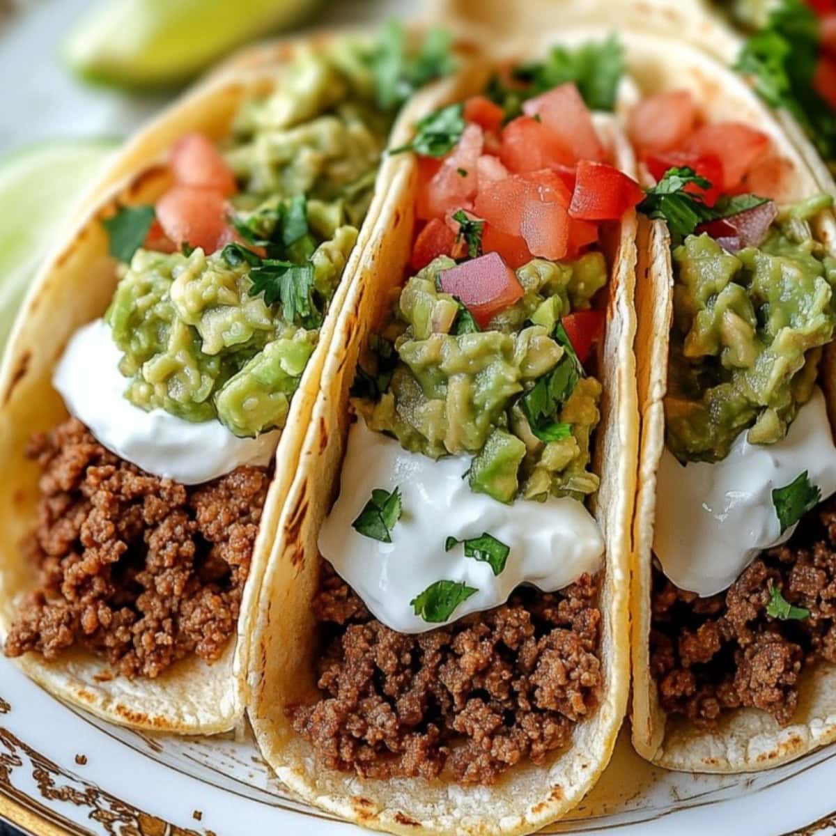 Homemade ground beef tacos with sour cream, guacamole, and pico de gallo