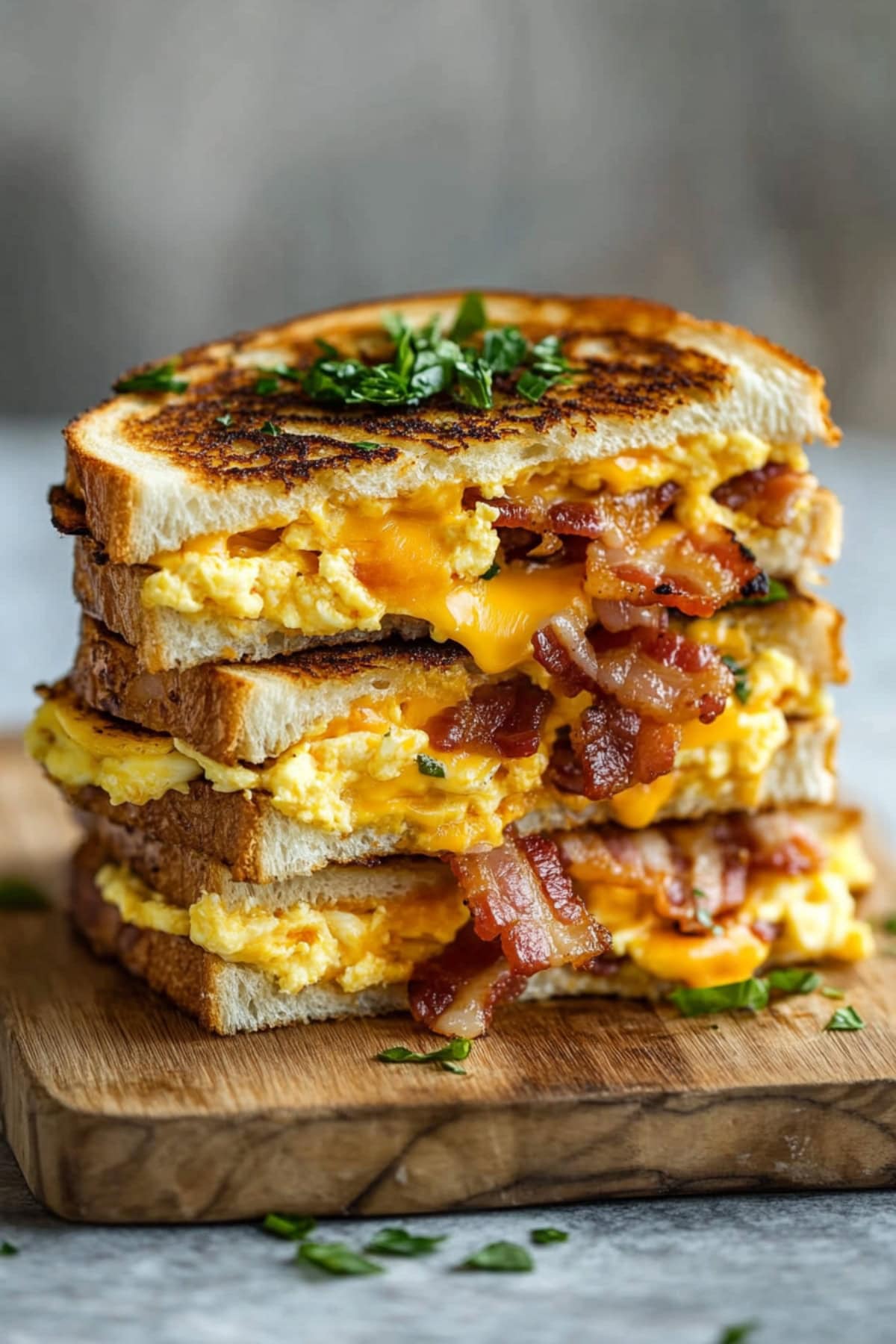 Breakfast grilled cheese sandwich with bacon and eggs stacked on a cutting board