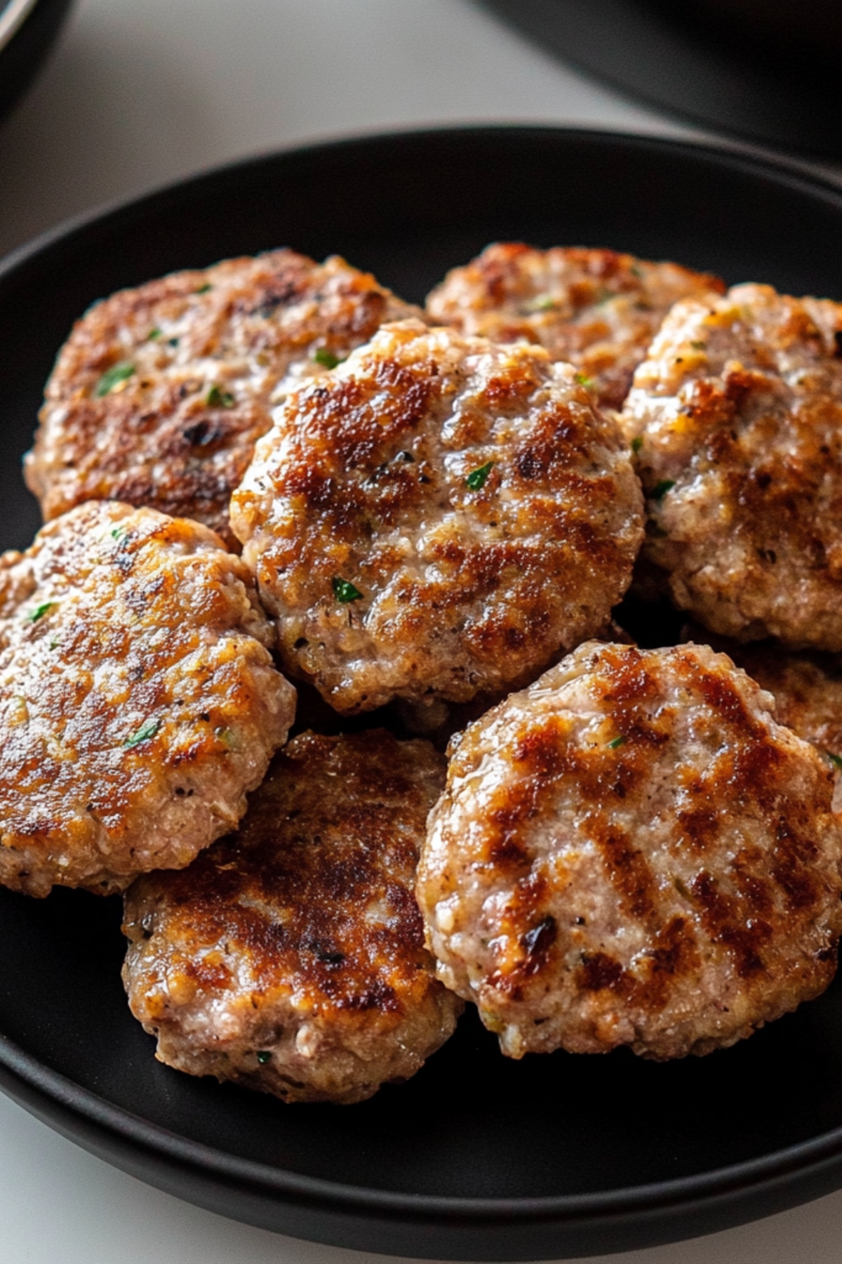 Plain breakfast sausage patties in a black plate.