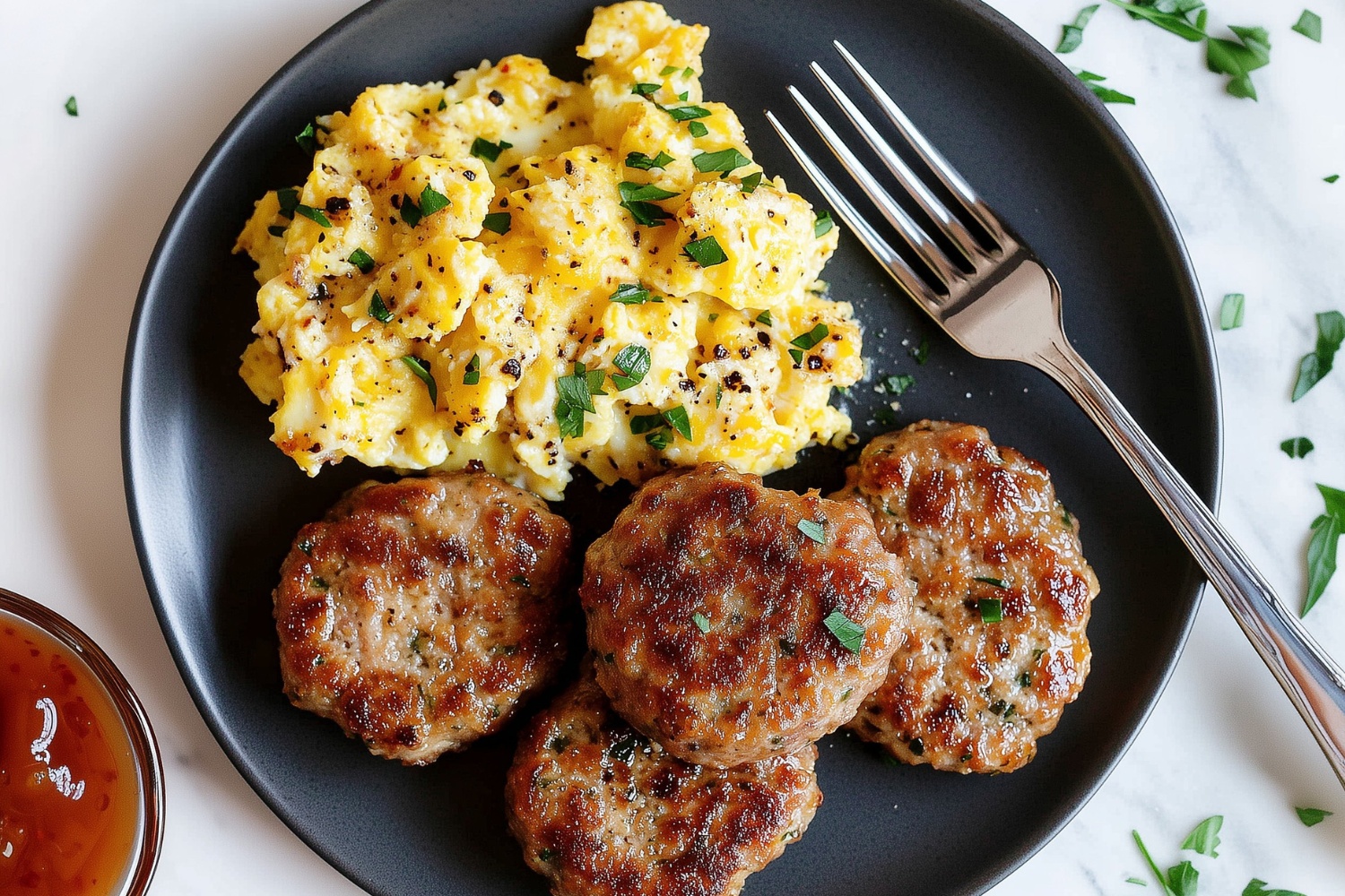 A plate of golden-brown breakfast sausage patties with scrambled eggs and dipping sauce on the side.