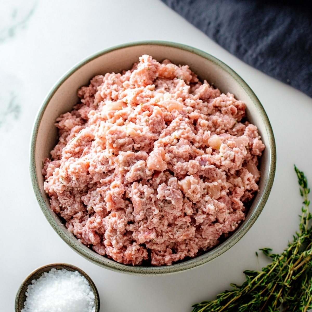 A bowl of ground meat with salt on the side.