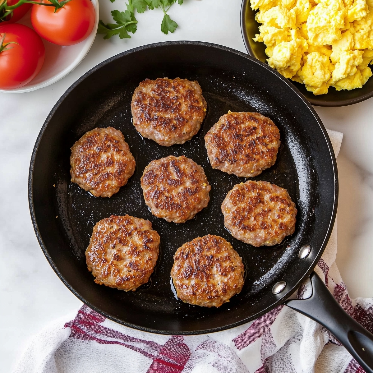 An overhead view of breakfast sausage patties in a black skillet with scrambled eggs on the side.