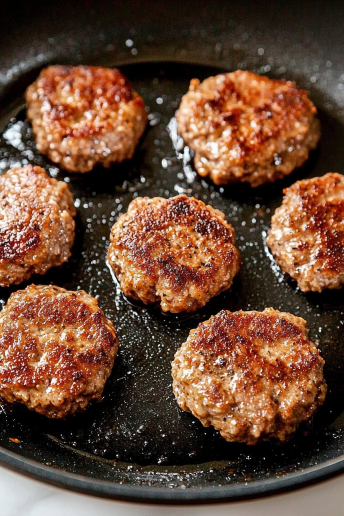 A skillet of cooked breakfast sausage patties