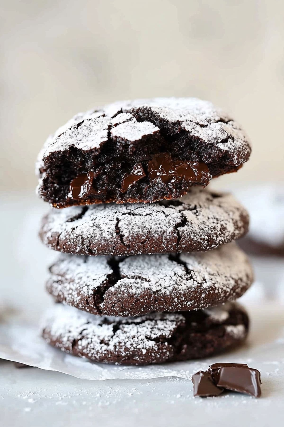 Chewy and fudgy crinkle cookies stacked on top of each other in a white parchment paper.