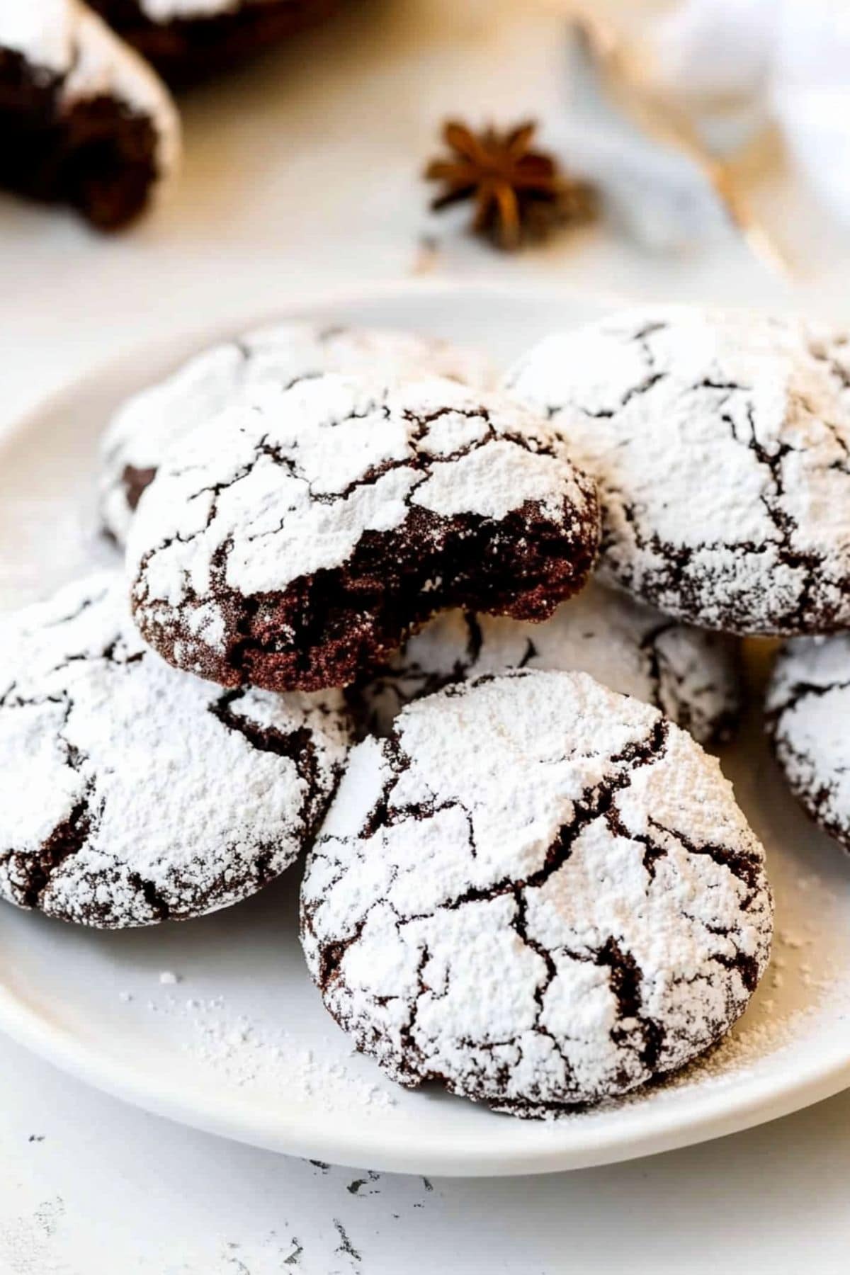 Bitten brownie crinkle cookies covered with powdered sugar served in a white plate.