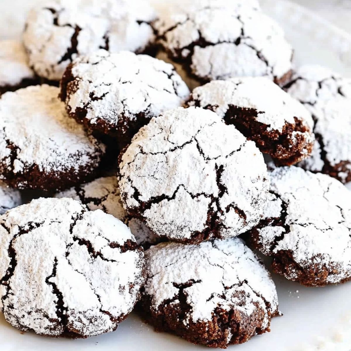 Bunch of powdered sugar coated brownie crinkle cookies served in a whtie plate.