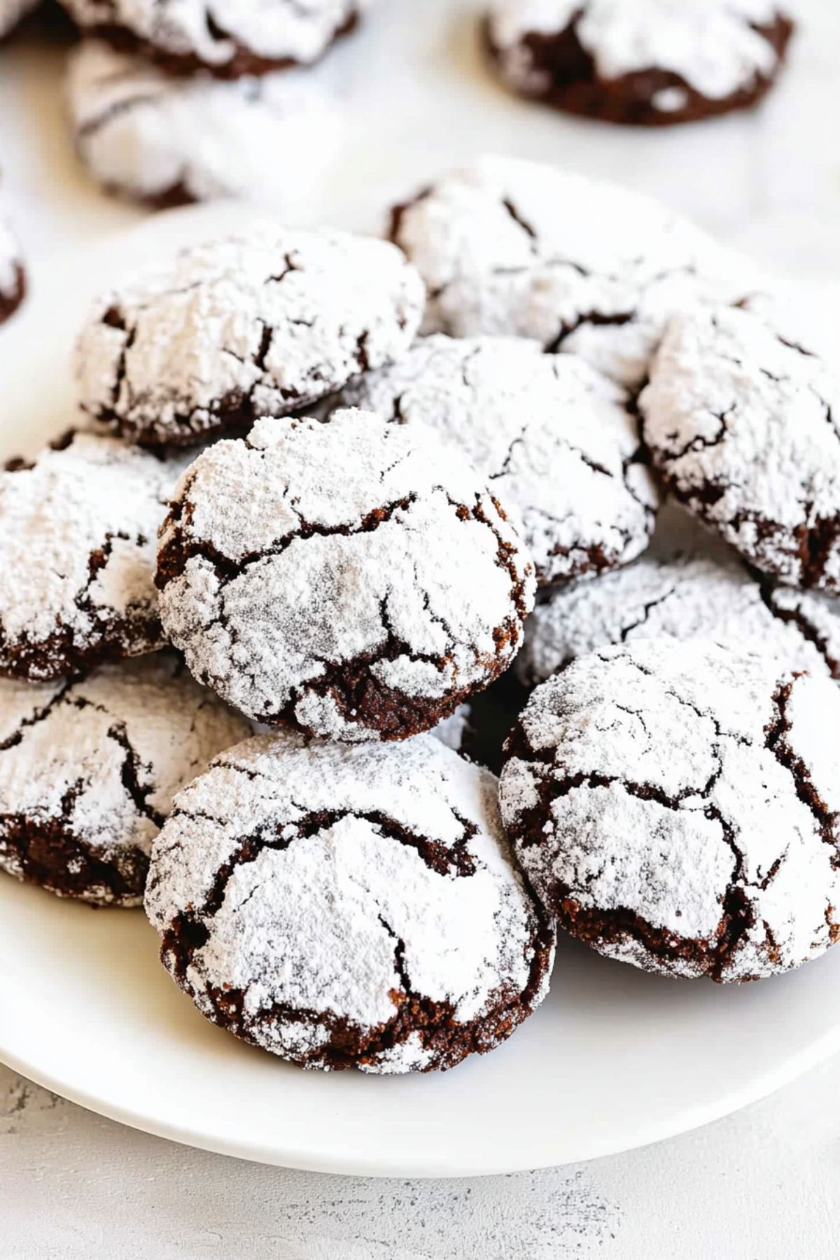  Bunch of powdered sugar brownie crinkle cookies served in a white plate.