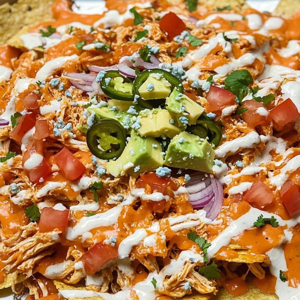 Nachos covered with shredded chicken flavored with buffalo sauce and melted cheese garnished with chopped tomatoes, onions and avocados drizzled with white ranch