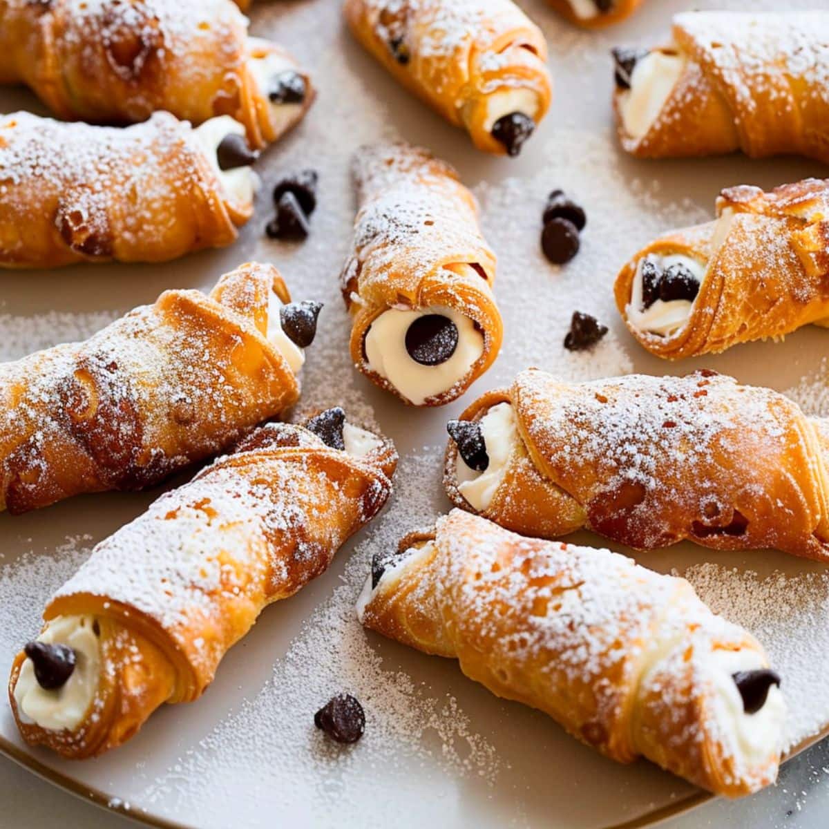 Bunch of cannoli with ricotta chocolate chips filling.