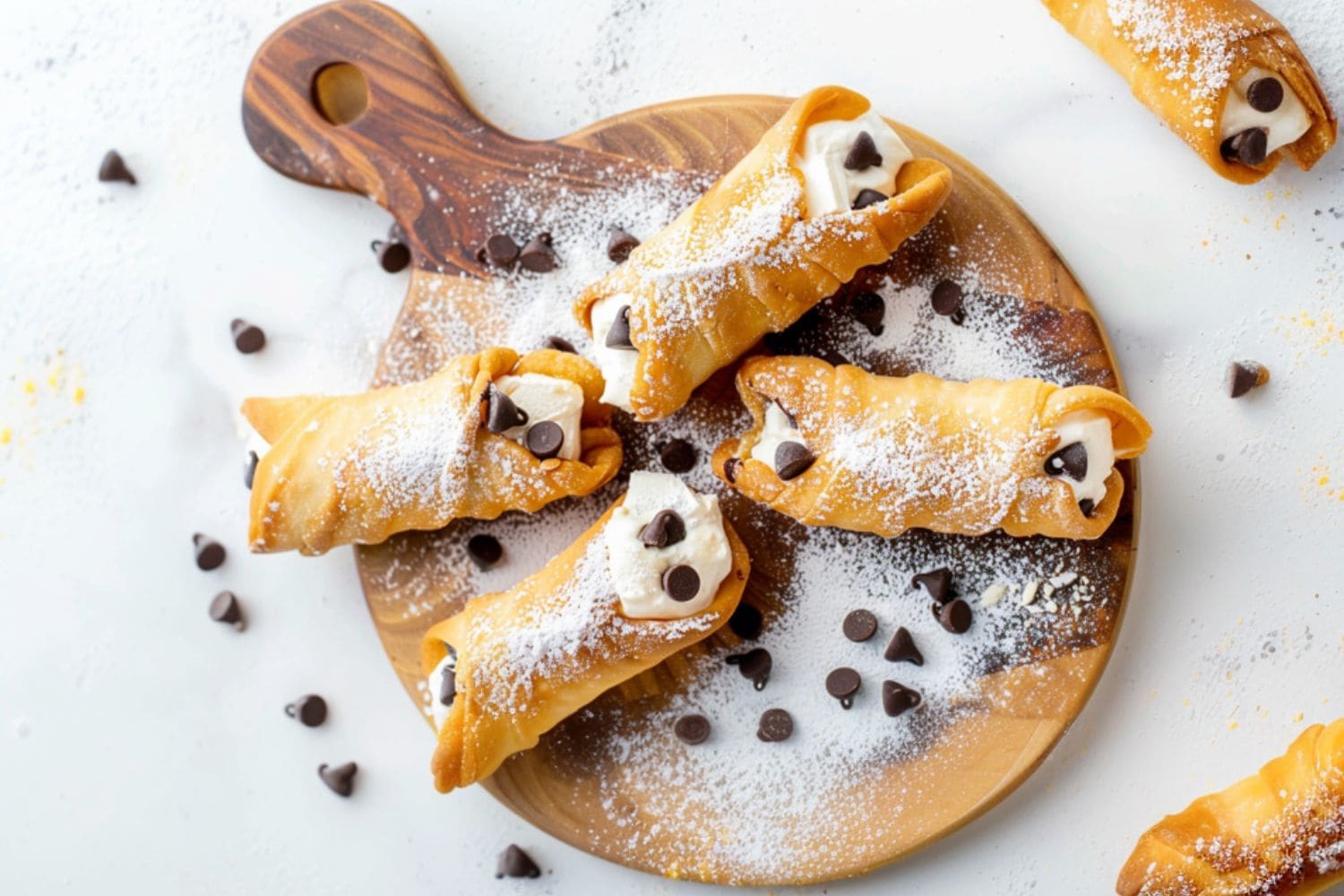 Bunch of ricotta cheese filled cannoli shells.