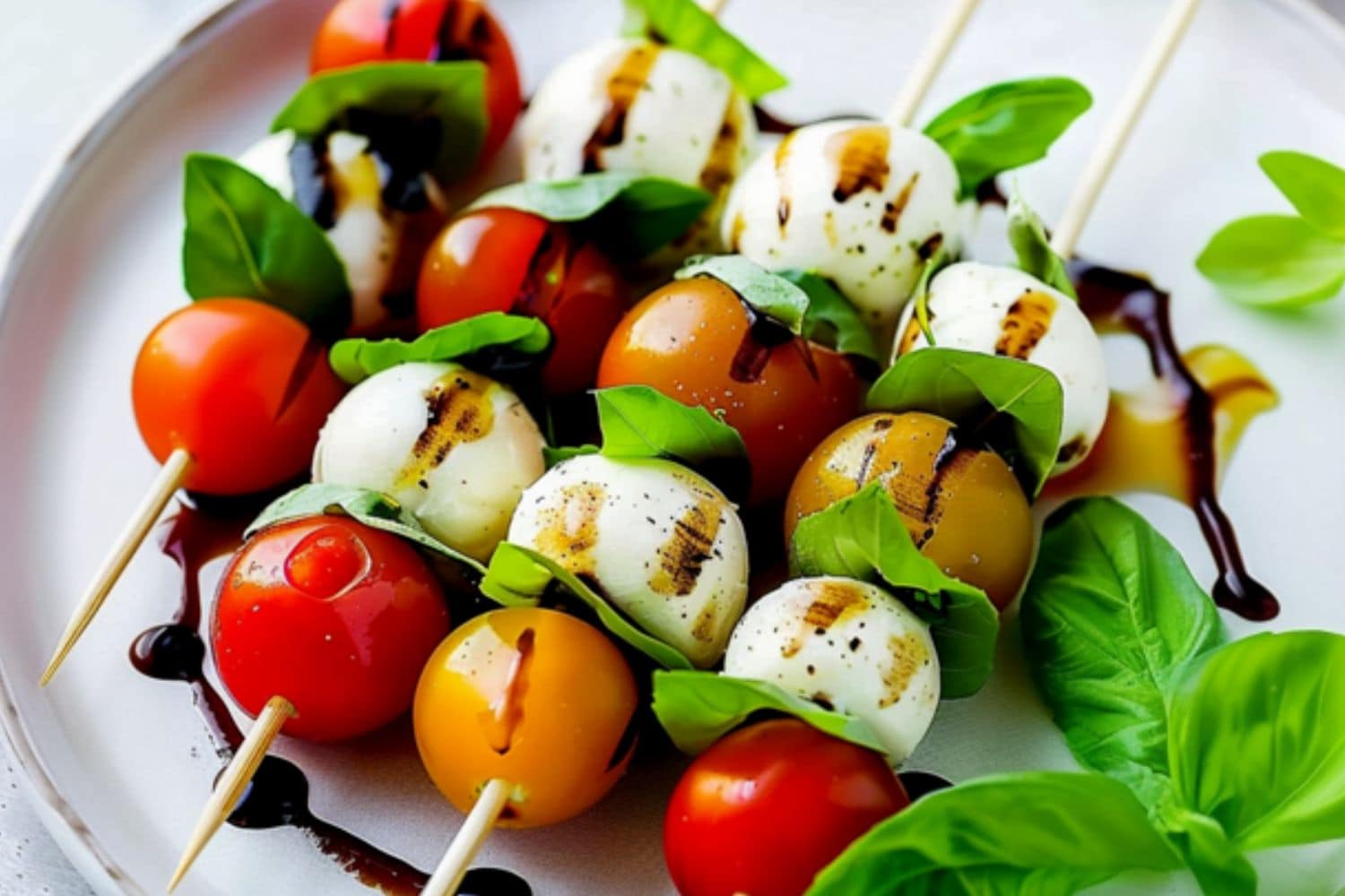 Caprese skewers in a plate drizzled with baslamic vinegar.