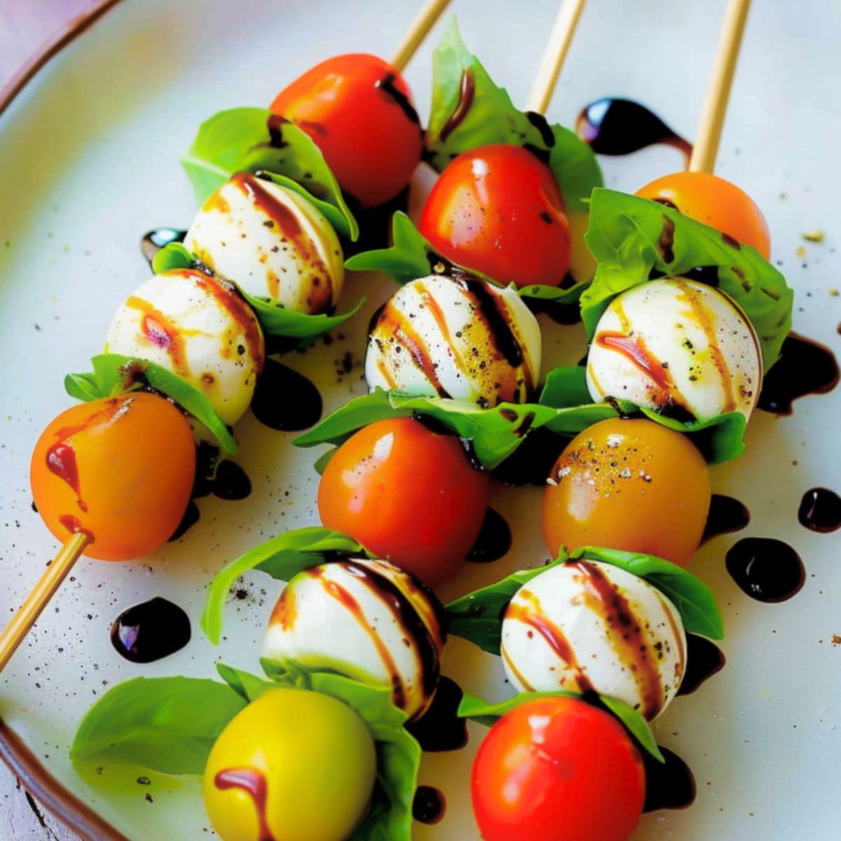 Caprese skewers drizzled with balsamic glaze served on a white plate.