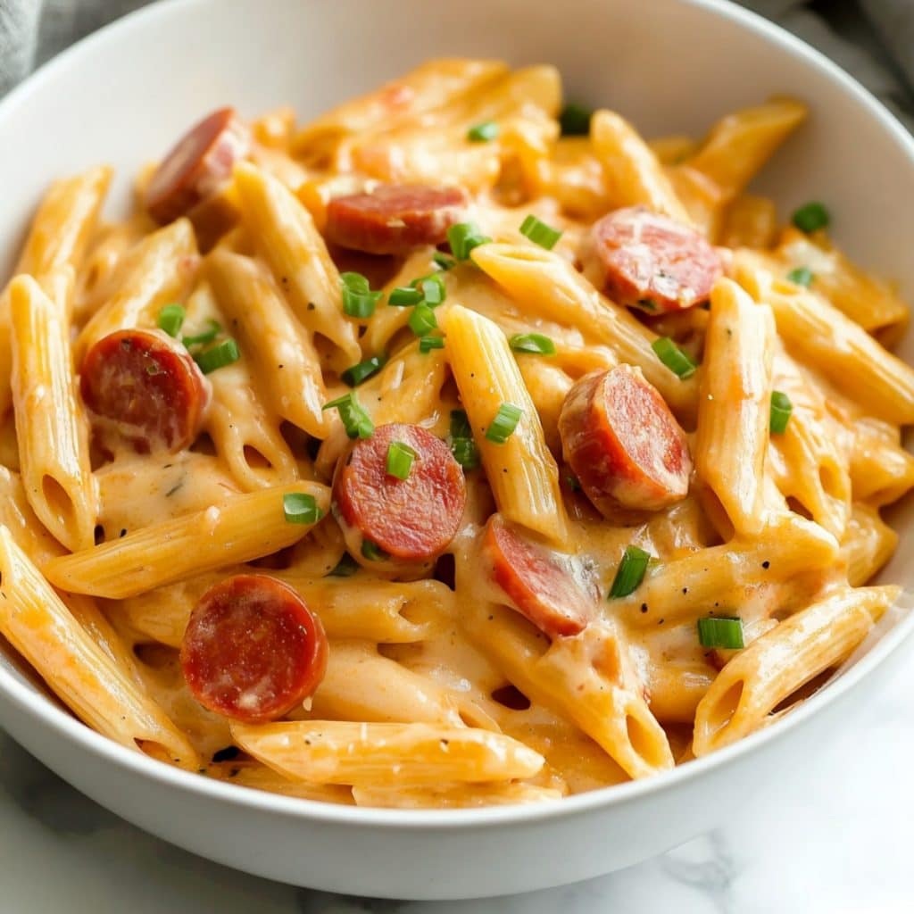 A bowl of homemade cheesy kielbasa pasta, garnished with green onions.