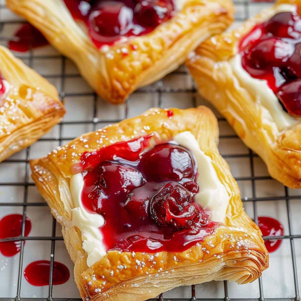 Bunch of cherry cream cheese Danish arranged in a wire cooling rack.