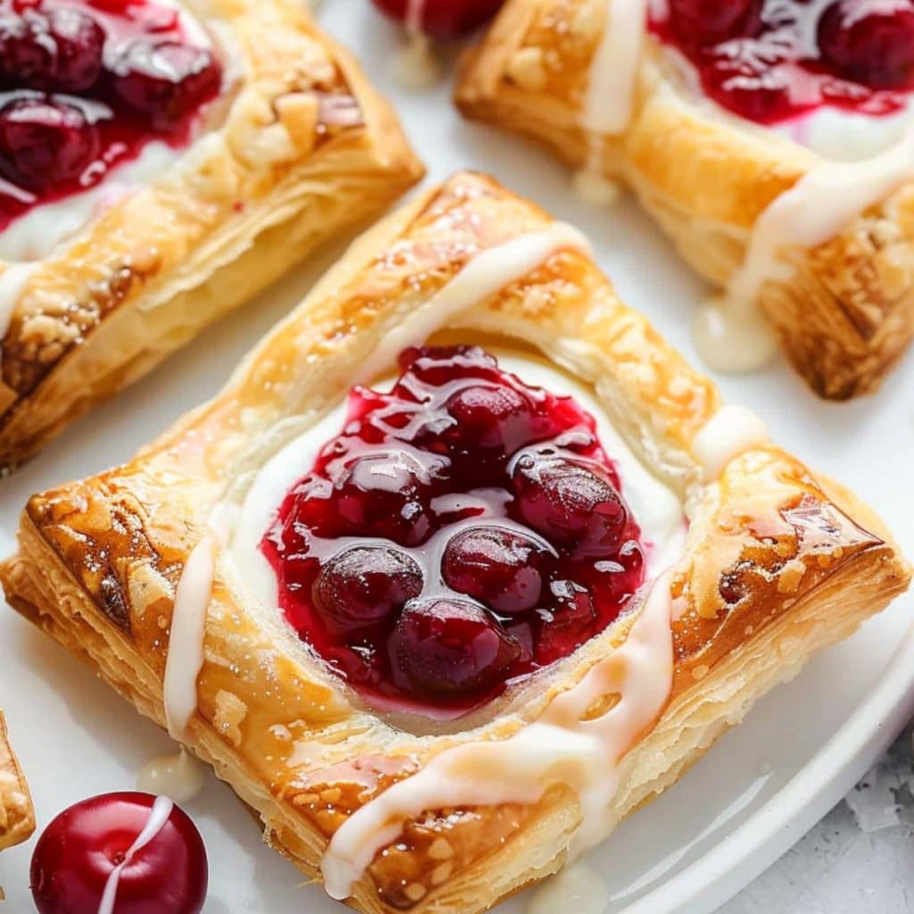 Flaky and crispy puff pastry with cream cheese and cherry filling in the middle drizzled with white glaze.