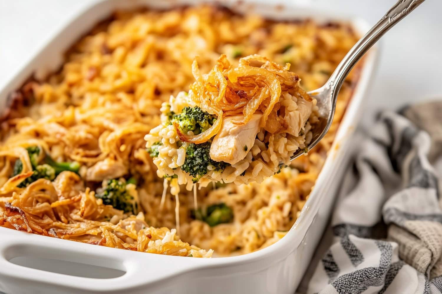 A spoonful of chicken broccoli rice casserole with fried onions.