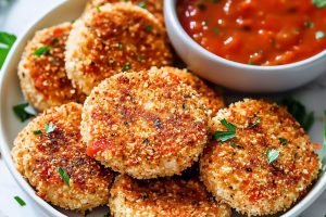 Homemade chicken patties with panko crumbs, served with a bowl of marinara sauce.