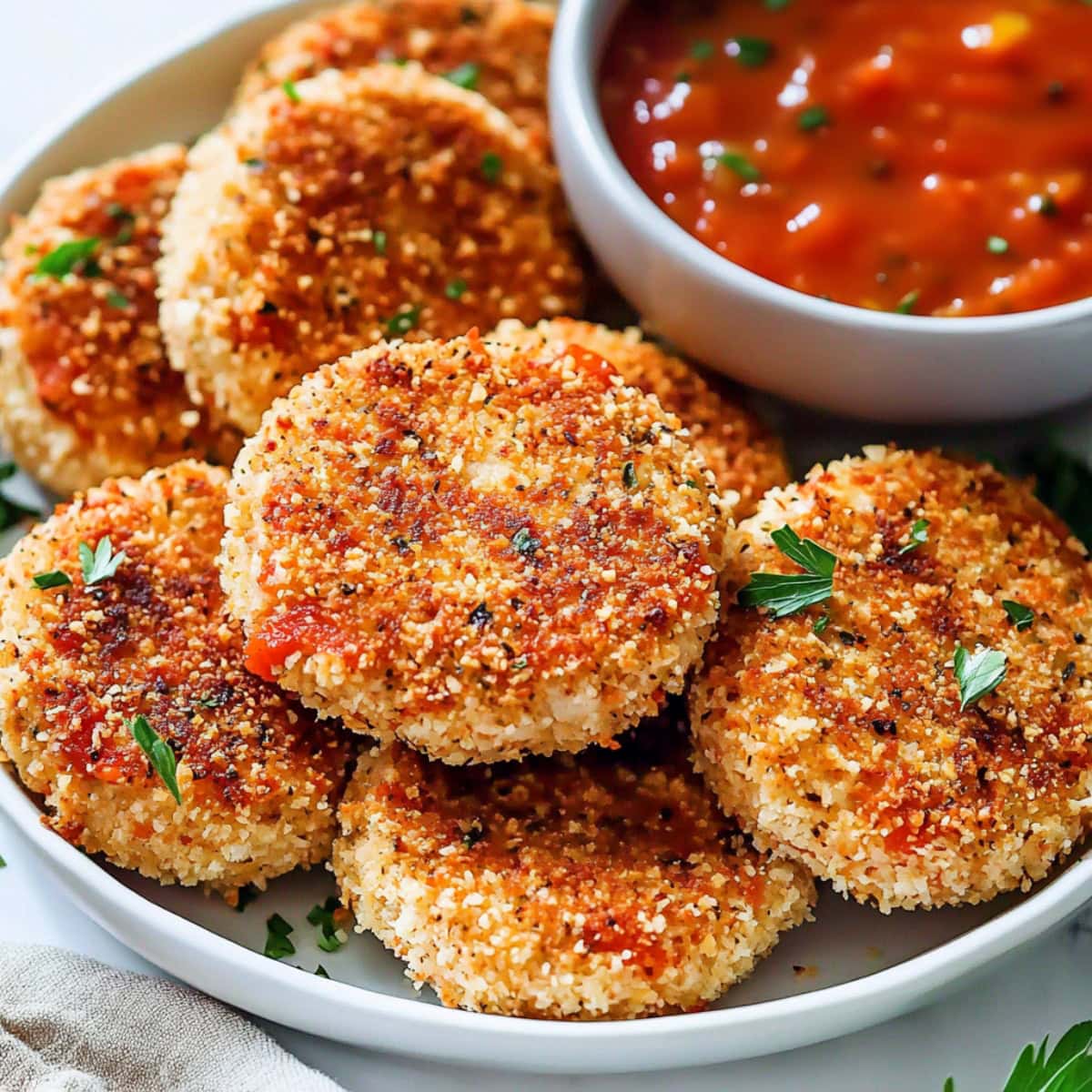 Savory and crispy chicken patties served with a bowl of marinara sauce.