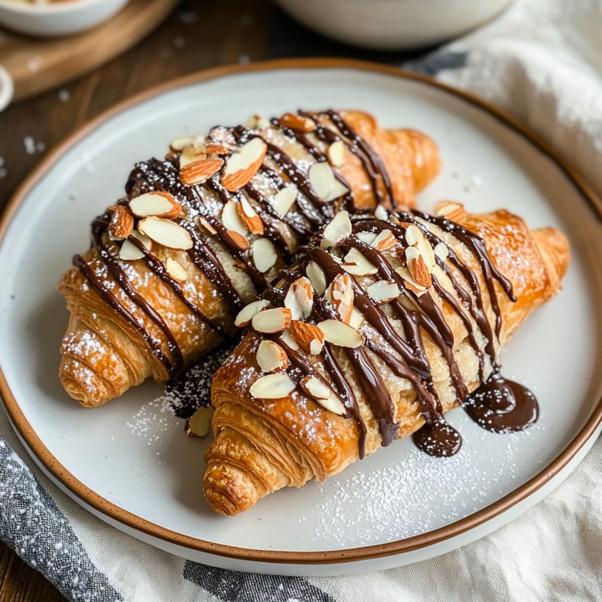 Chocolate Almond Croissants on a Plate