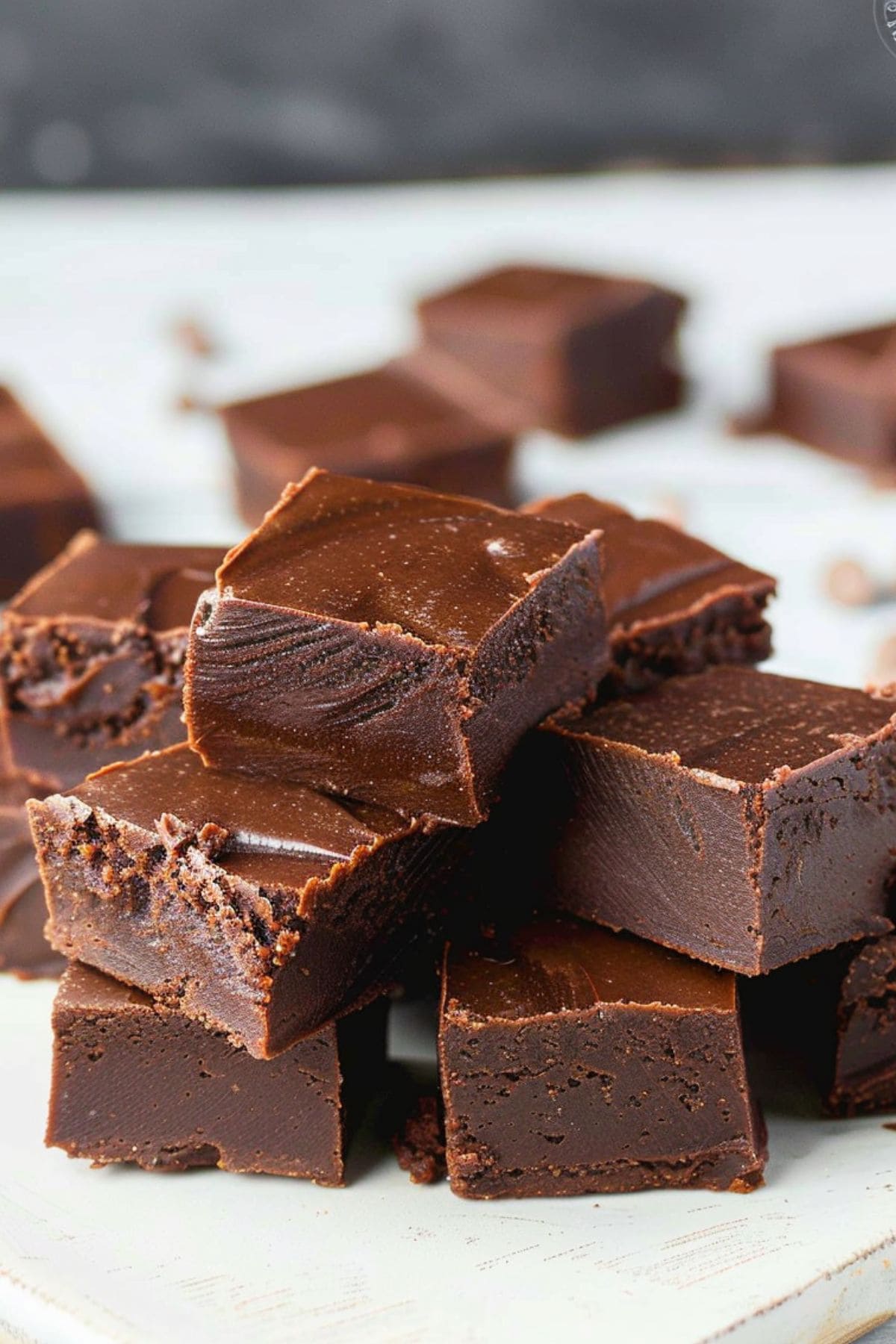 Chocolate fudge squares stacked on a wooden board.