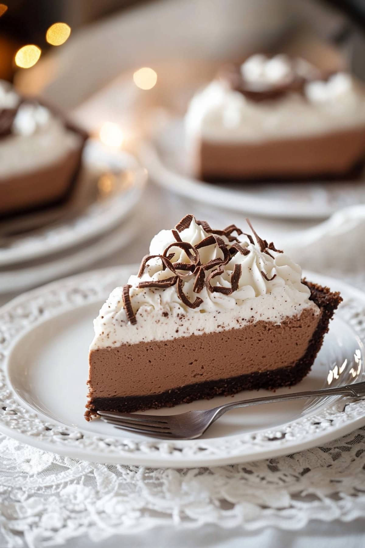 A slice of chocolate mousse pie topped with whipped cream on a plate