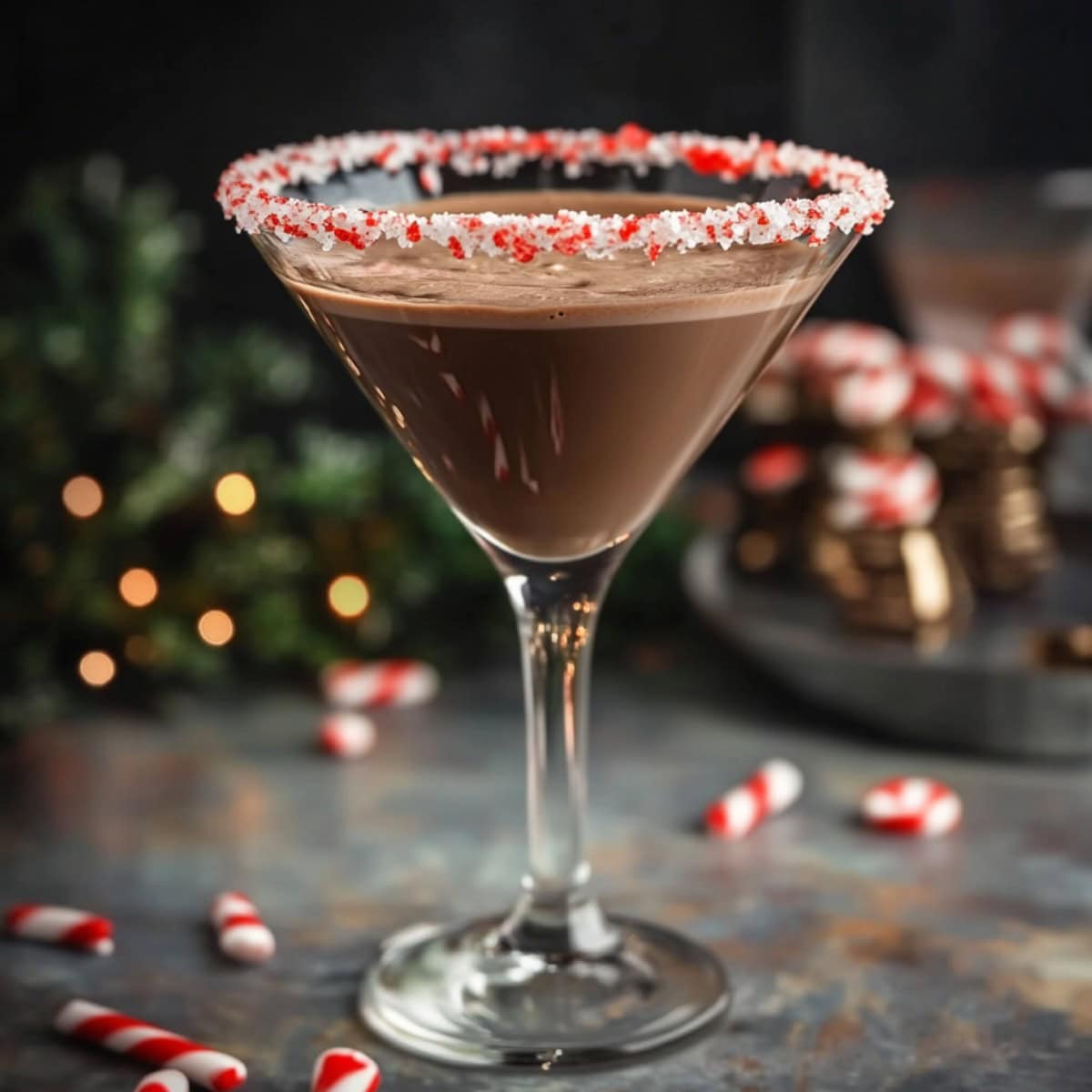 Chocolate peppermint mocktail with crushed peppermint candies on the rim