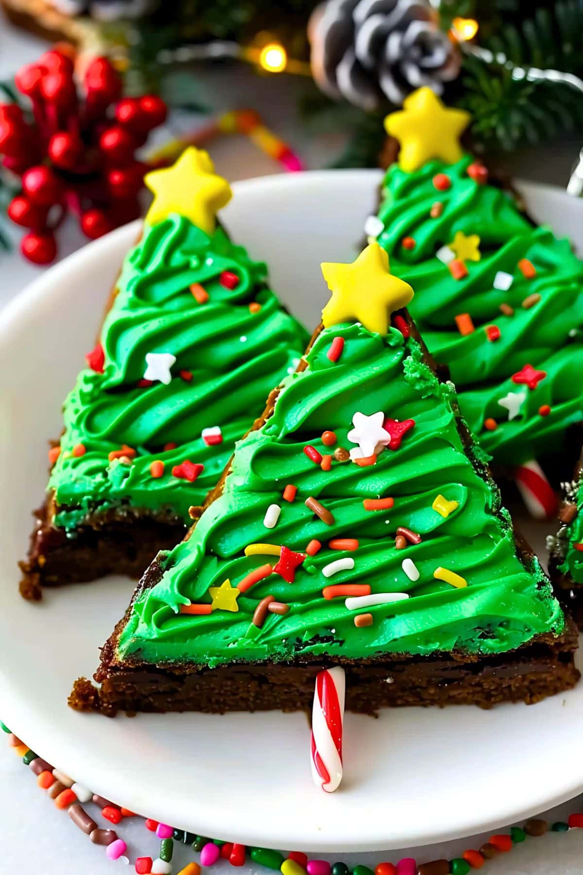 Brownies decorated as Christmas tree with green frosting and candy sprinkles decoration.