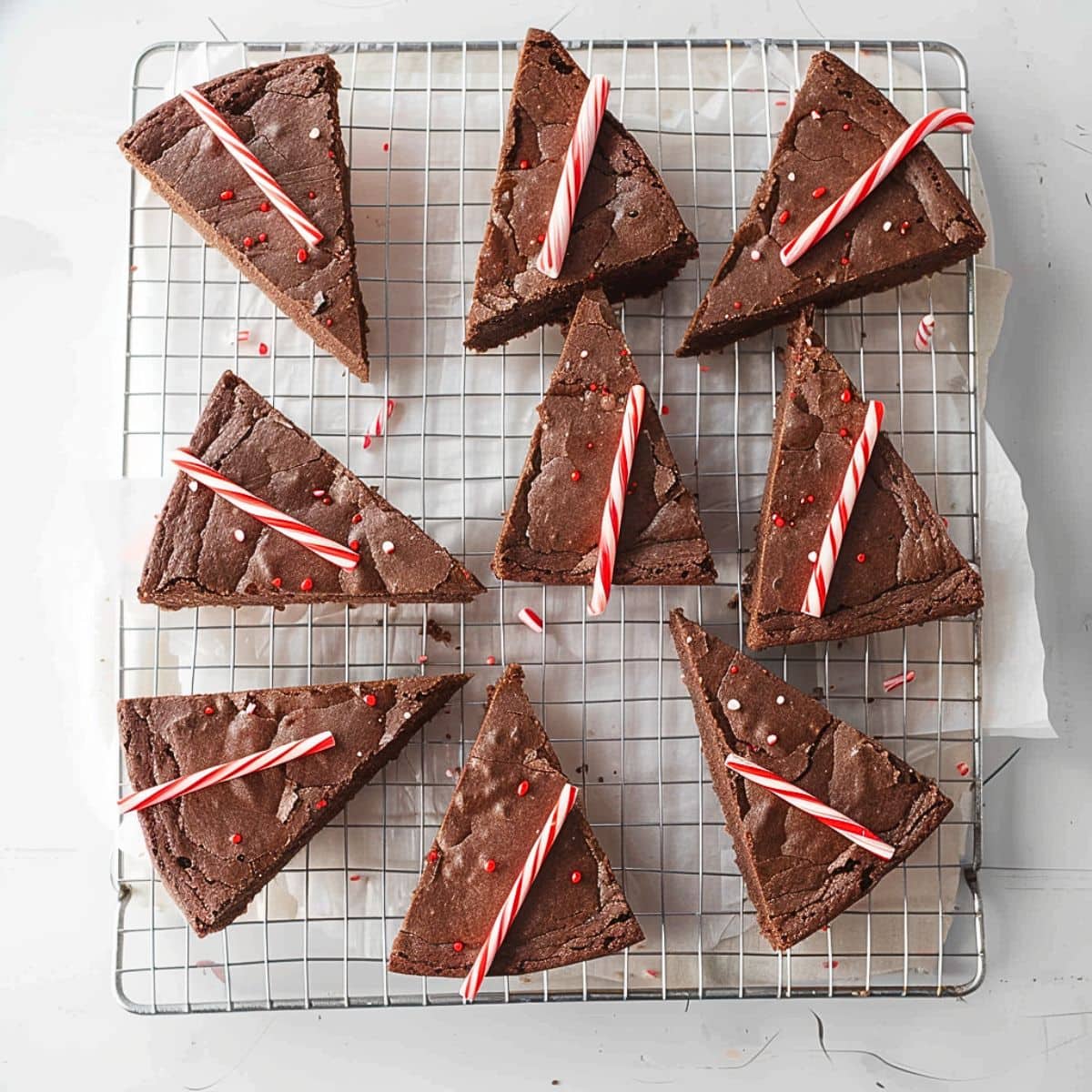 Triangular sliced brownies in cooling rack with sugar cane cuts.