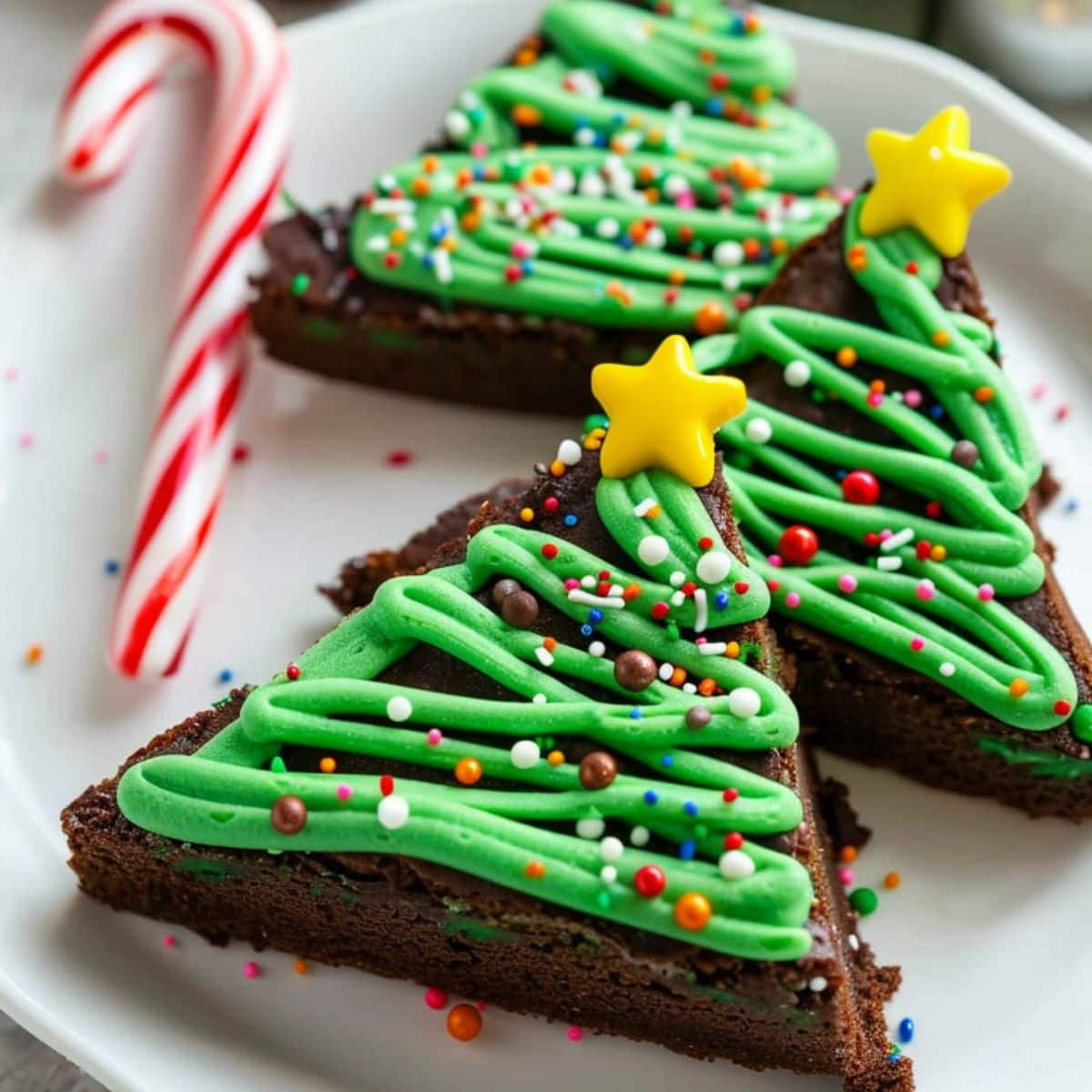 Triangular shaped brownies decorated with green frosting and sprinkles resembling Christmas tree served in a white plate.