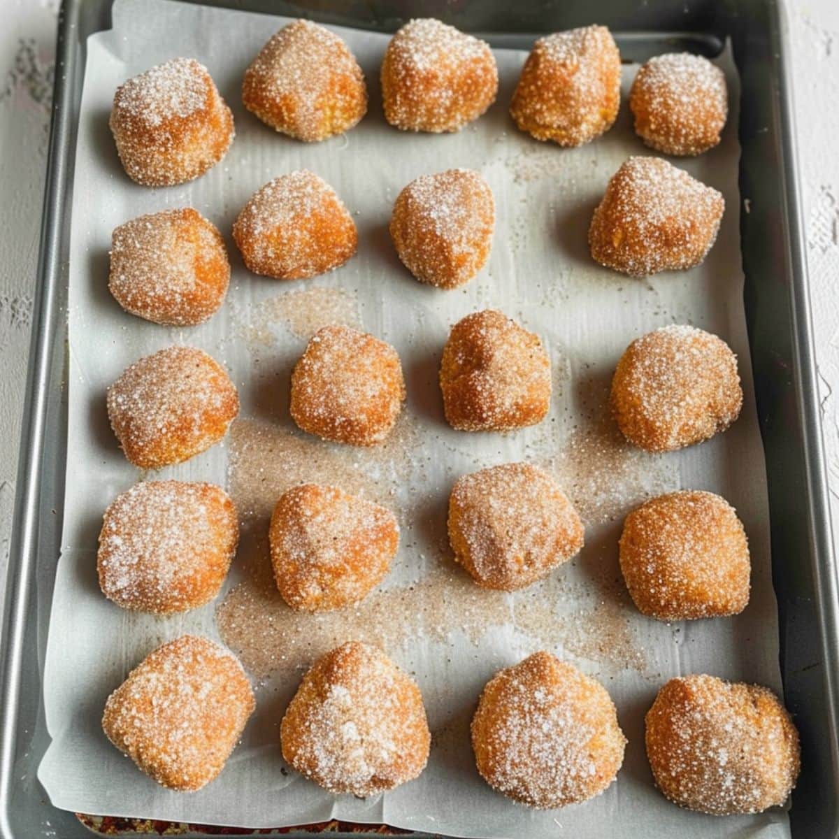 Biscuit bites coated in cinnamon sugar arranged in a row in a baking sheet.