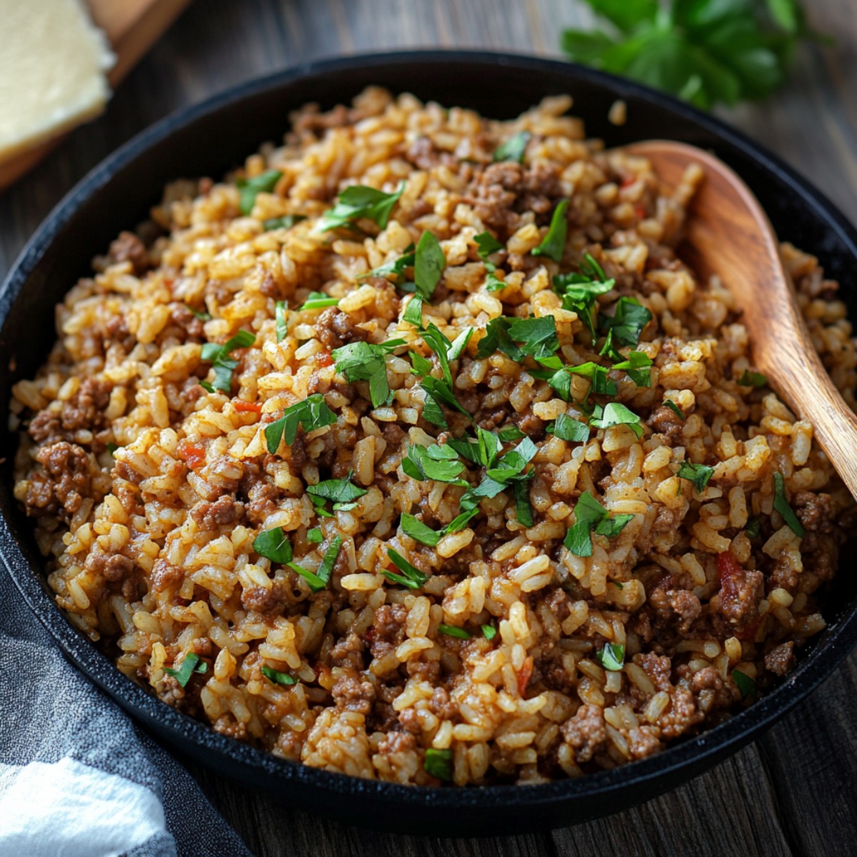 Cooked Rice with Spices and Ground Beef in a Skillet